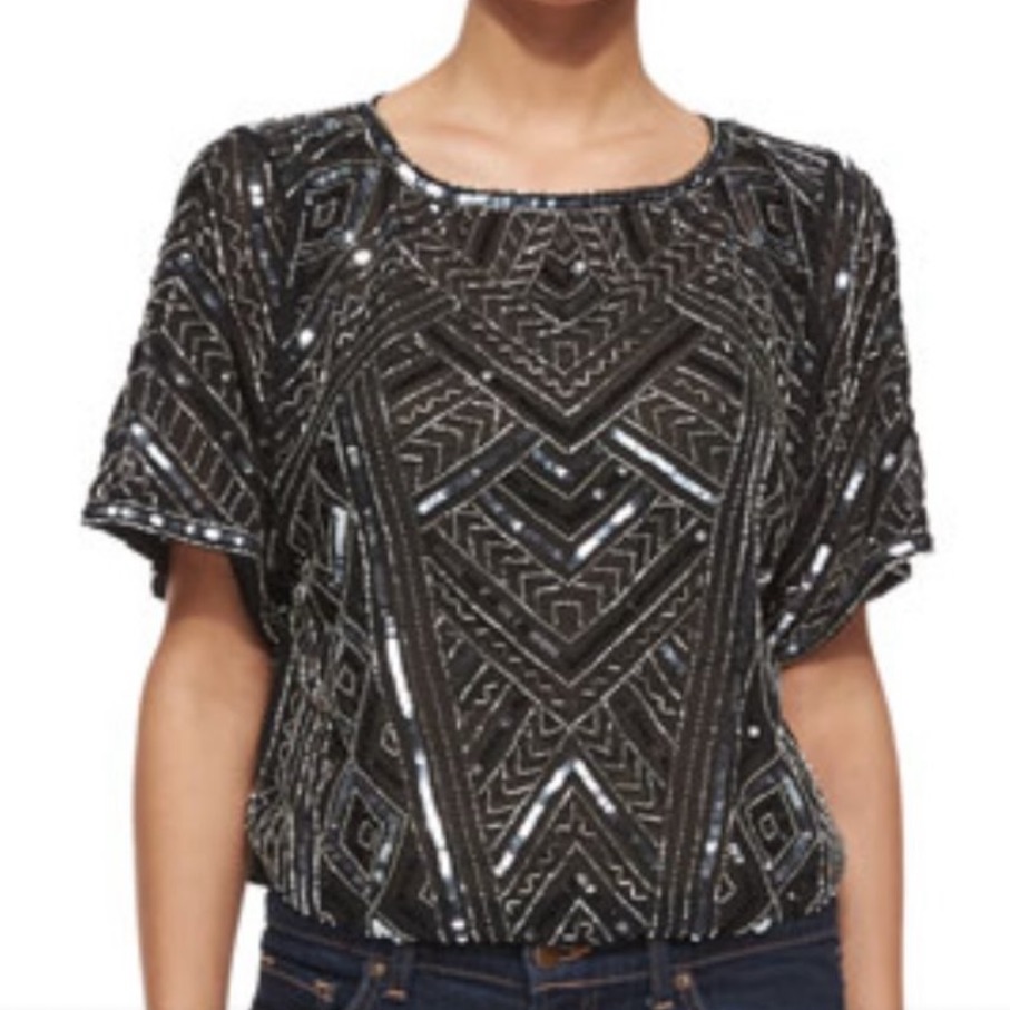 New Without Tags - Navy Blue Sheer Parker Beaded Top